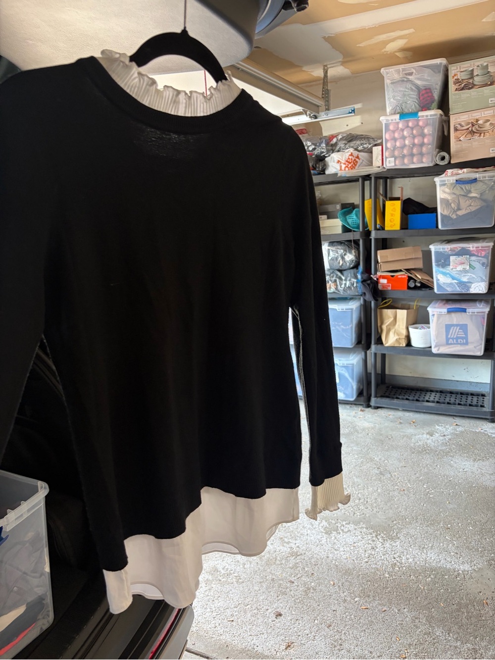 Black Long Sleeve Knit Top with White Ruffle Trim